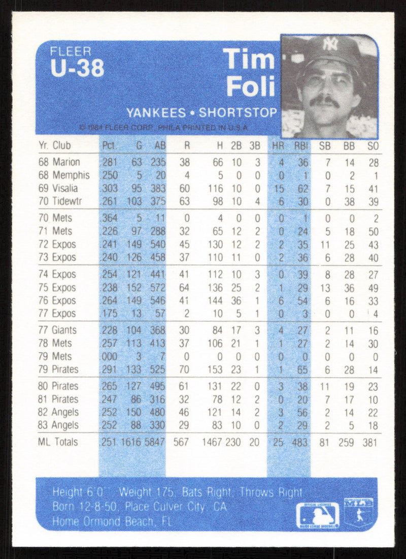 Tim Foli Autographed 1984 Fleer Update Card #U-38 New York Yankees SKU #265198