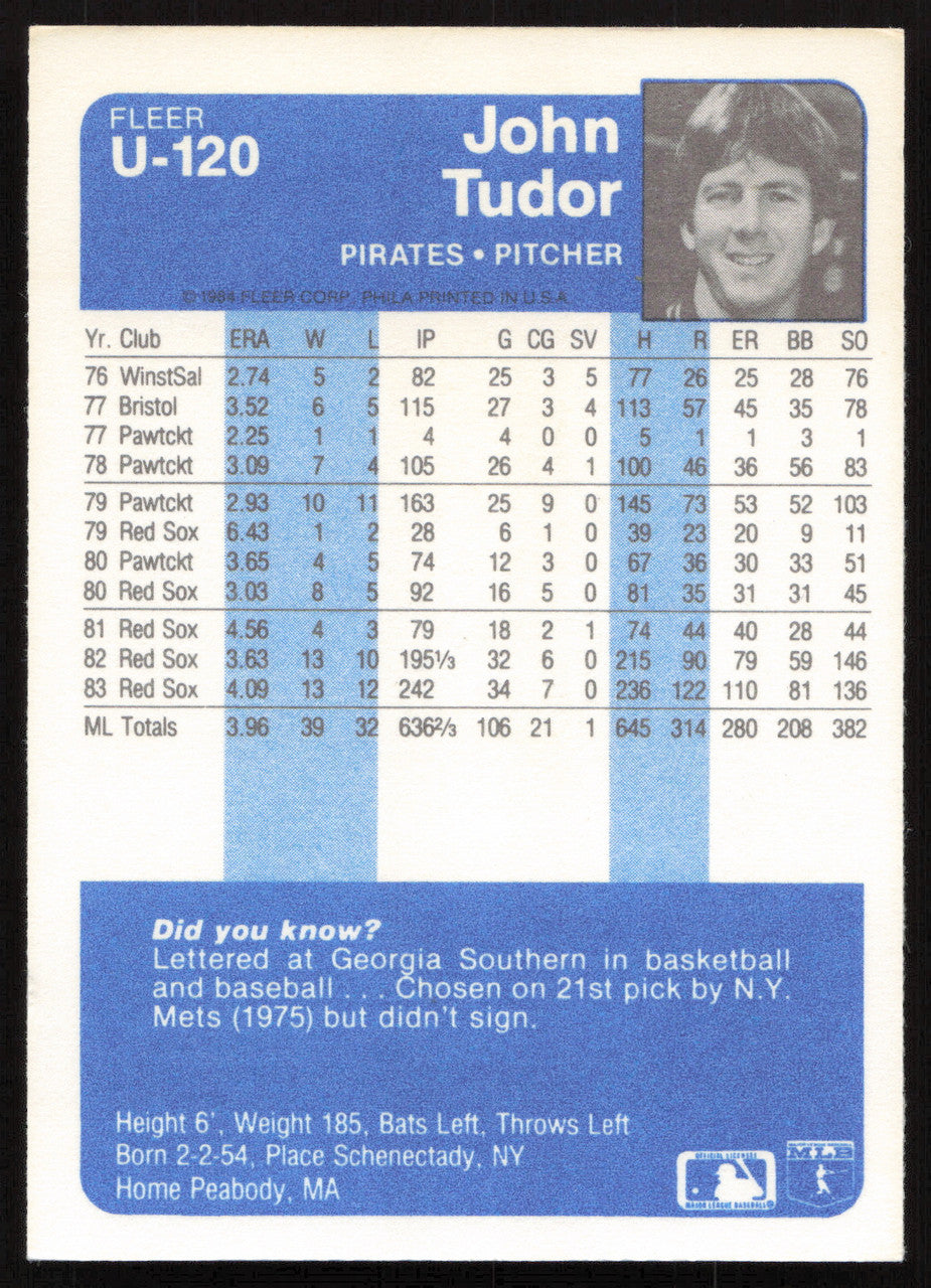John Tudor Autographed 1984 Fleer Update Card #U-120 Pittsburgh Pirates SKU #265204