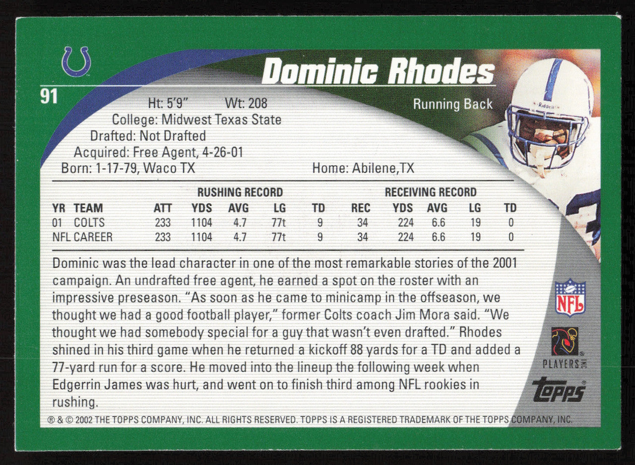Dominic Rhodes Autographed 2002 Topps Card #91 Indianapolis Colts SKU #265257