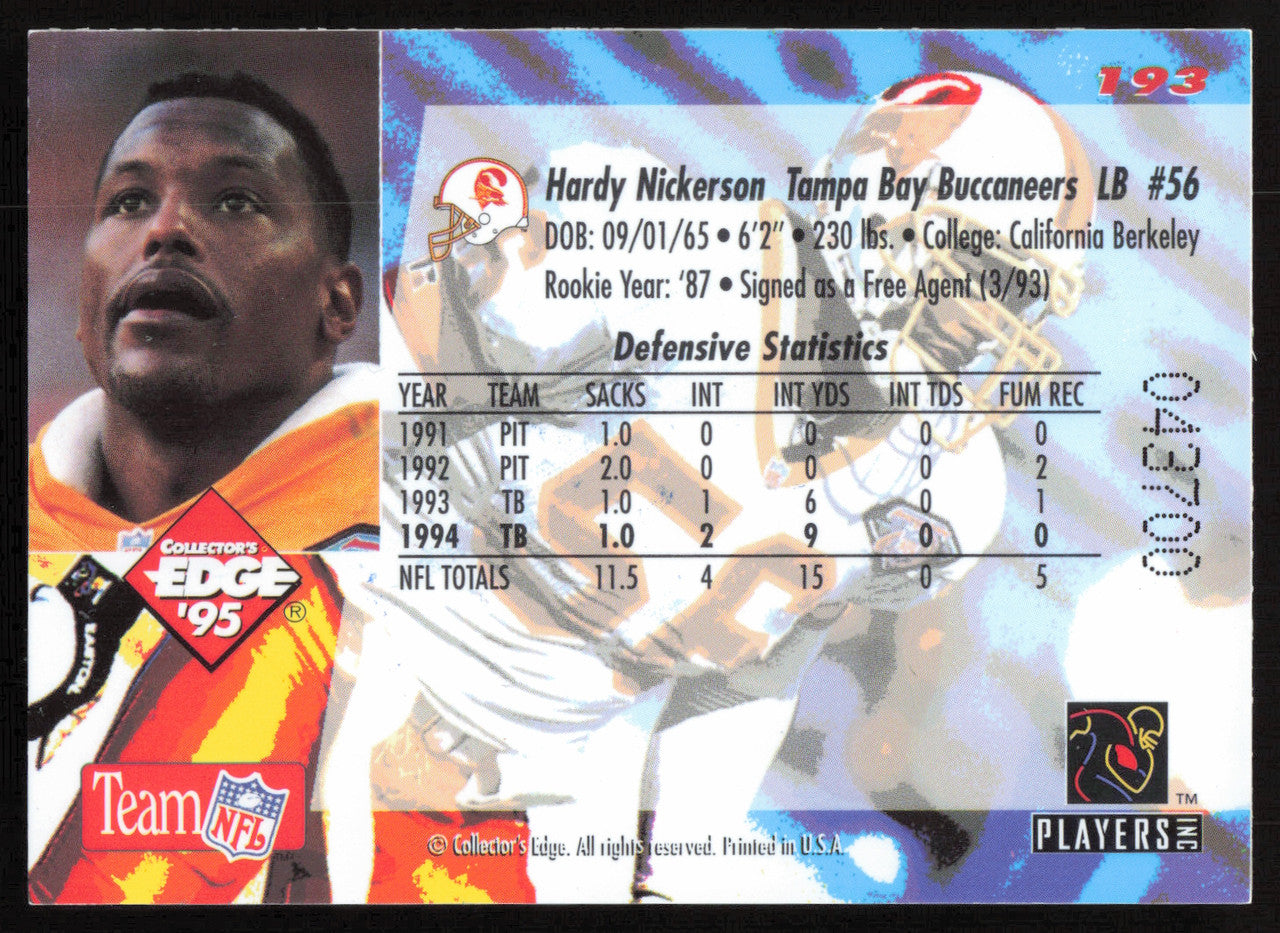 Hardy Nickerson Autographed 1995 Collectors Edge Card #193 Tampa Bay Buccaneers SKU #265259
