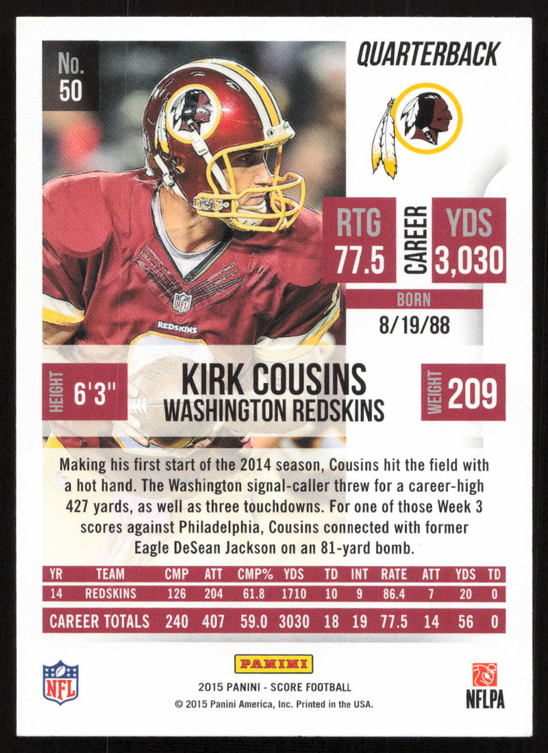 Kirk Cousins Autographed 2015 Score Card #50 Washington Redskins SKU #265262