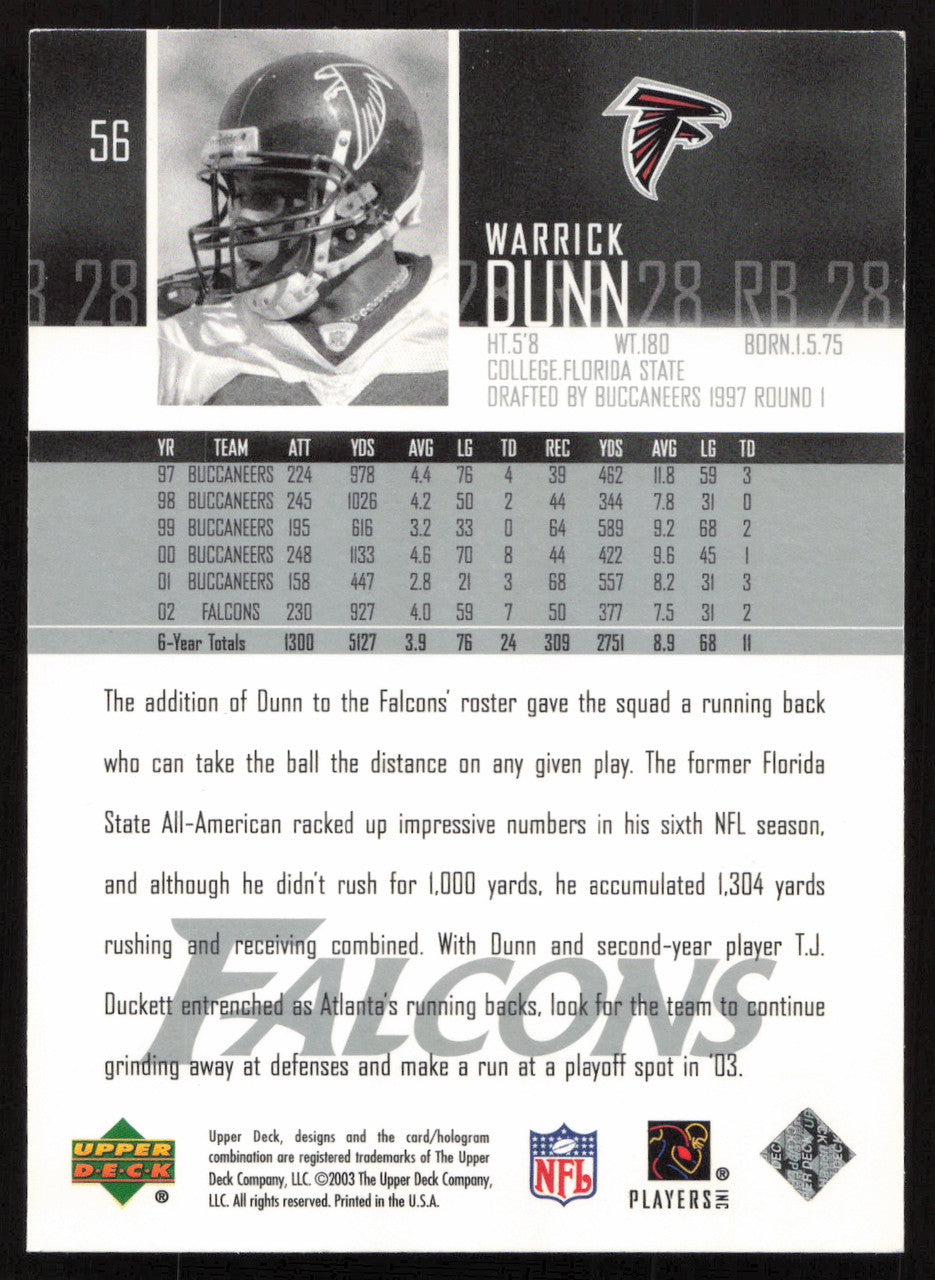 Warrick Dunn Autographed 2003 Upper Deck Card #56 Atlanta Falcons SKU #265263