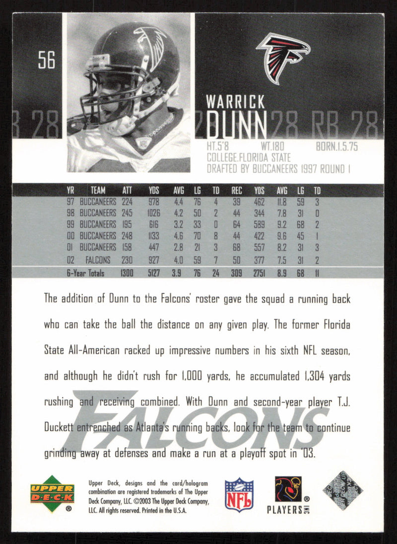 Warrick Dunn Autographed 2003 Upper Deck Card #56 Atlanta Falcons SKU #265263