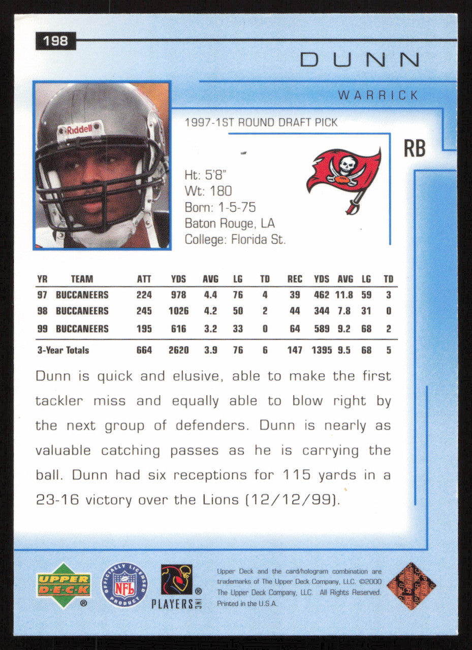 Warrick Dunn Autographed 2000 Upper Deck Card #198 Tampa Bay Buccaneers SKU #265267