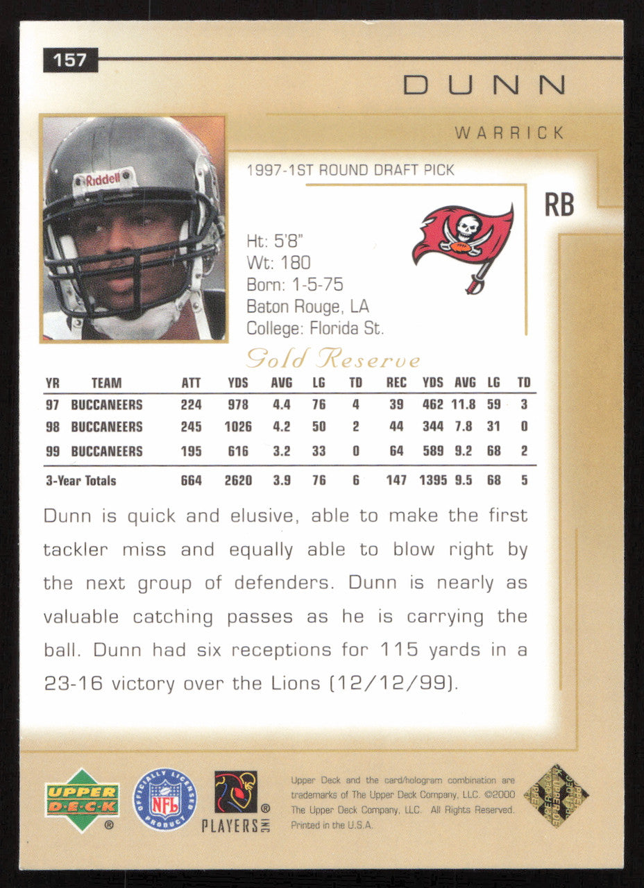 Warrick Dunn Autographed 2000 UD Gold Reserve Card #157 Tampa Bay Buccaneers SKU #265268