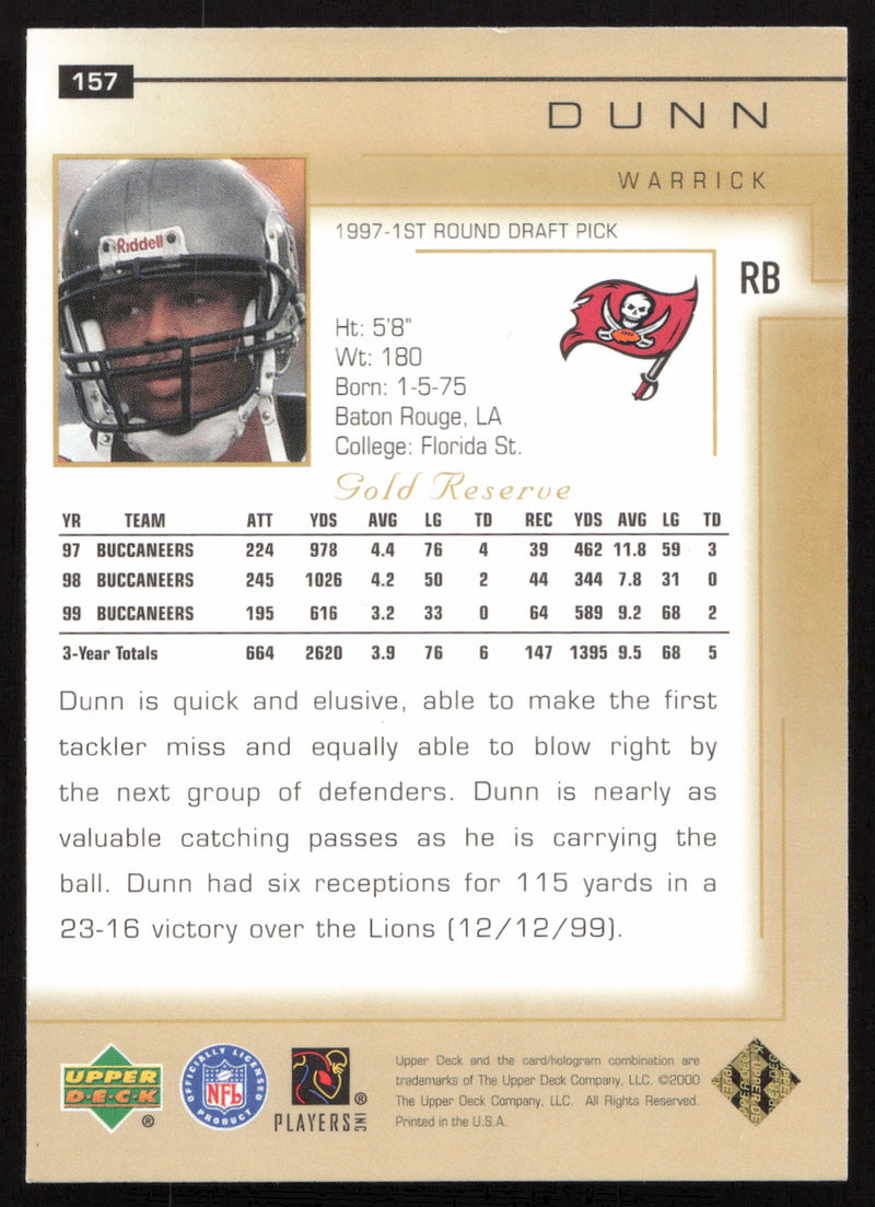 Warrick Dunn Autographed 2000 UD Gold Reserve Card #157 Tampa Bay Buccaneers SKU #265268