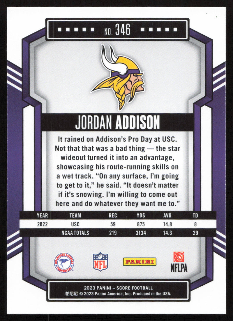 Jordan Addison Autographed 2023 Panini Score Card #346 Minnesota Vikings SKU #265270