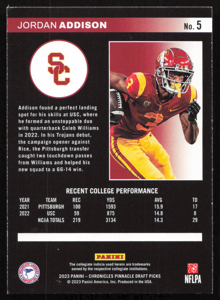 Jordan Addison Autographed 2023 Panini Pinnacle Card #5 Minnesota Vikings SKU #265272