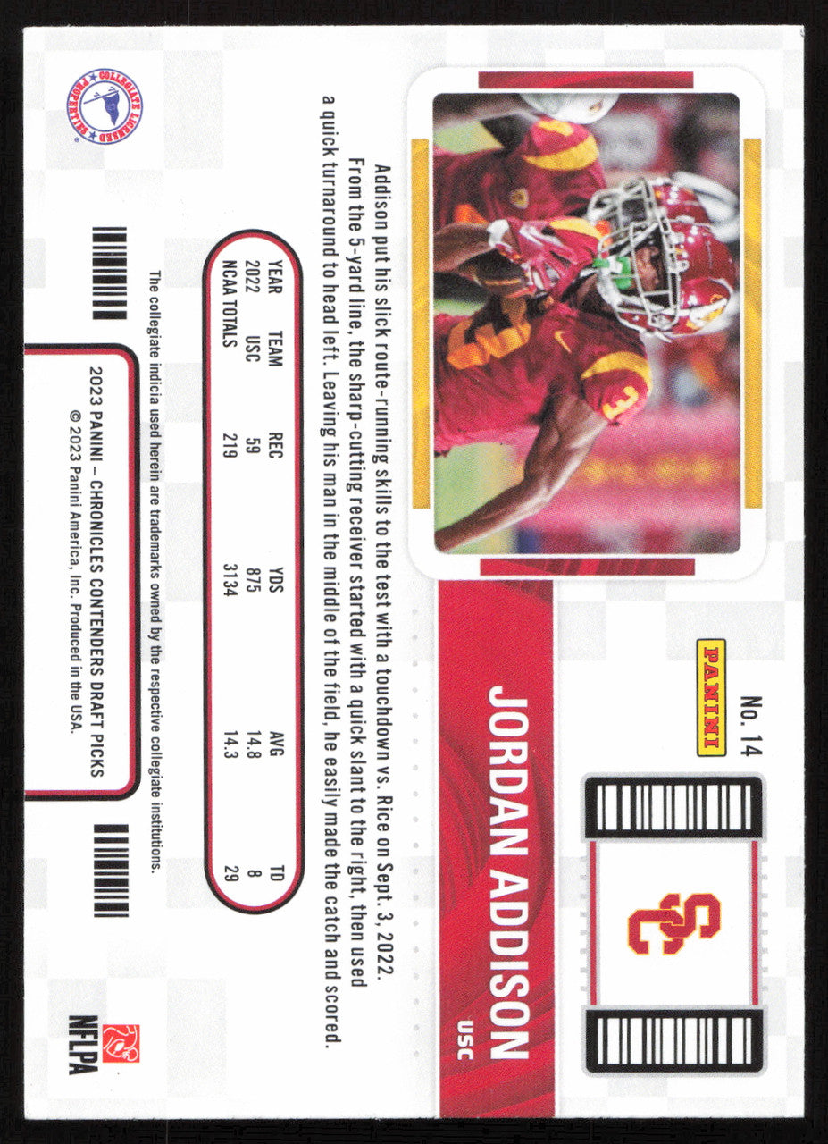 Jordan Addison Autographed 2023 Panini Contenders Card #14 Minnesota Vikings SKU #265275
