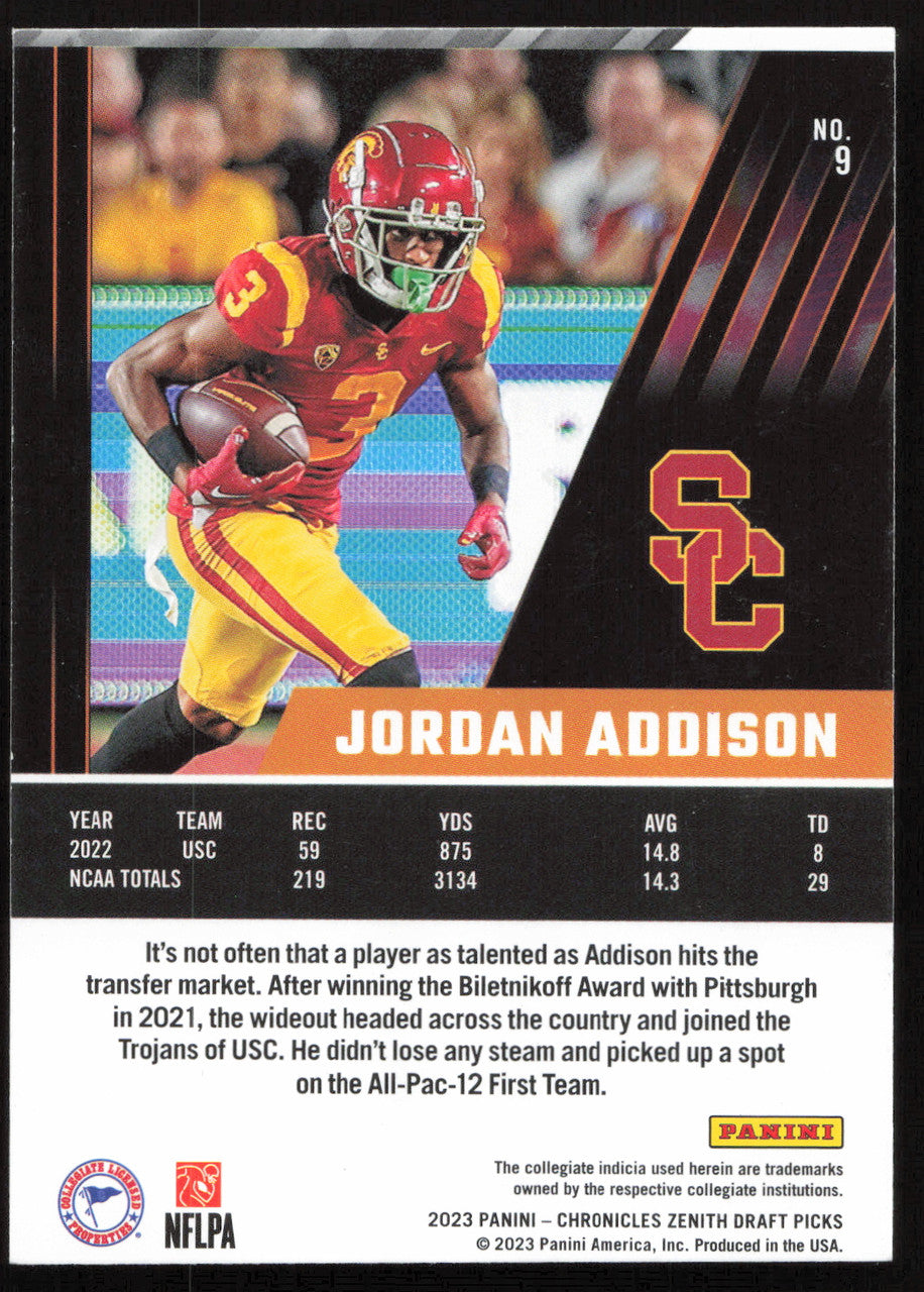 Jordan Addison Autographed 2023 Panini Zenith Card #9 Minnesota Vikings SKU #265276