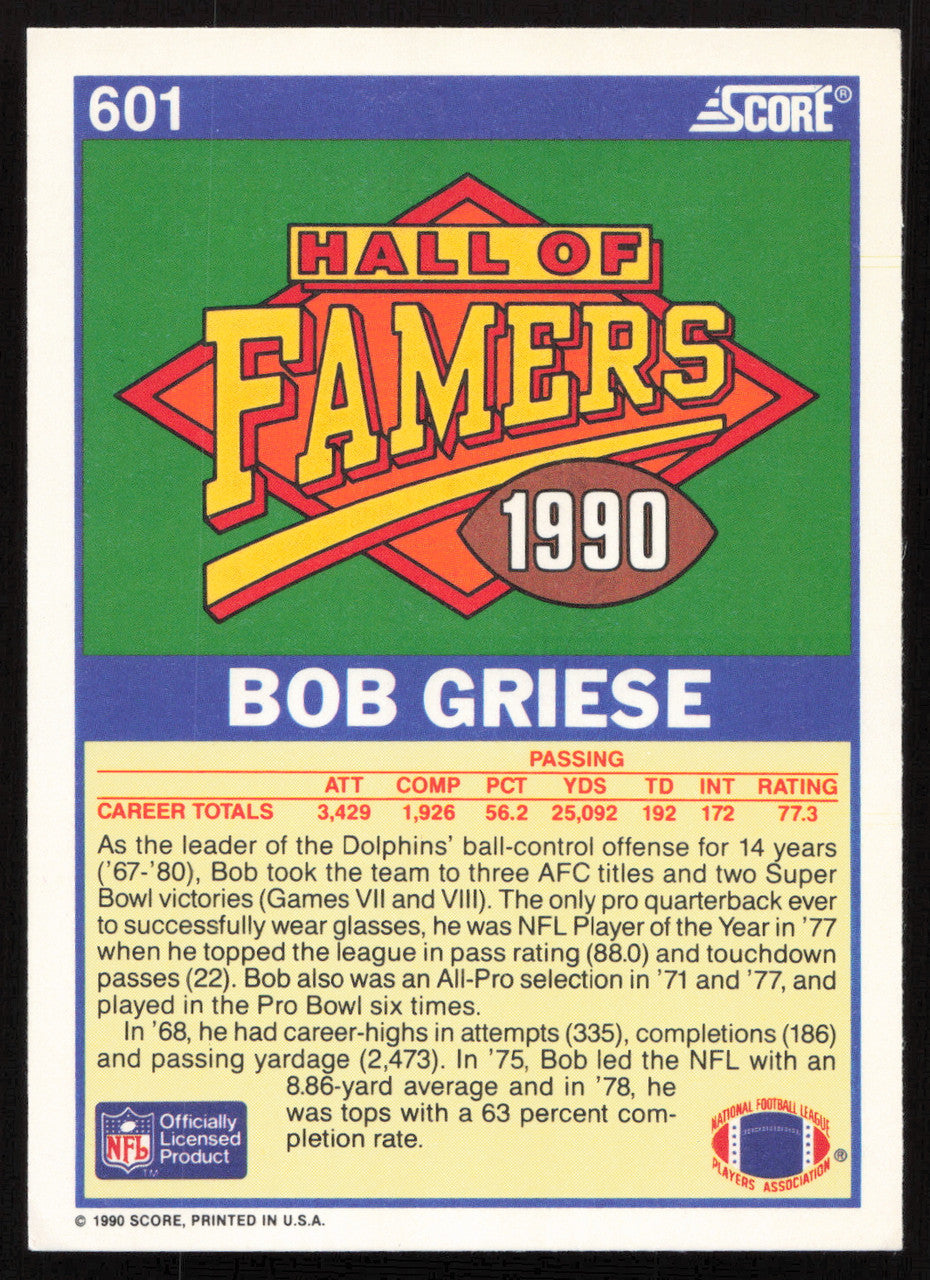 Bob Griese Autographed 1990 Score Card #601 Miami Dolphins SKU #265280