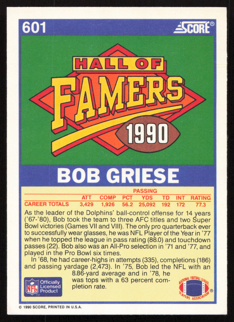 Bob Griese Autographed 1990 Score Card #601 Miami Dolphins SKU #265280