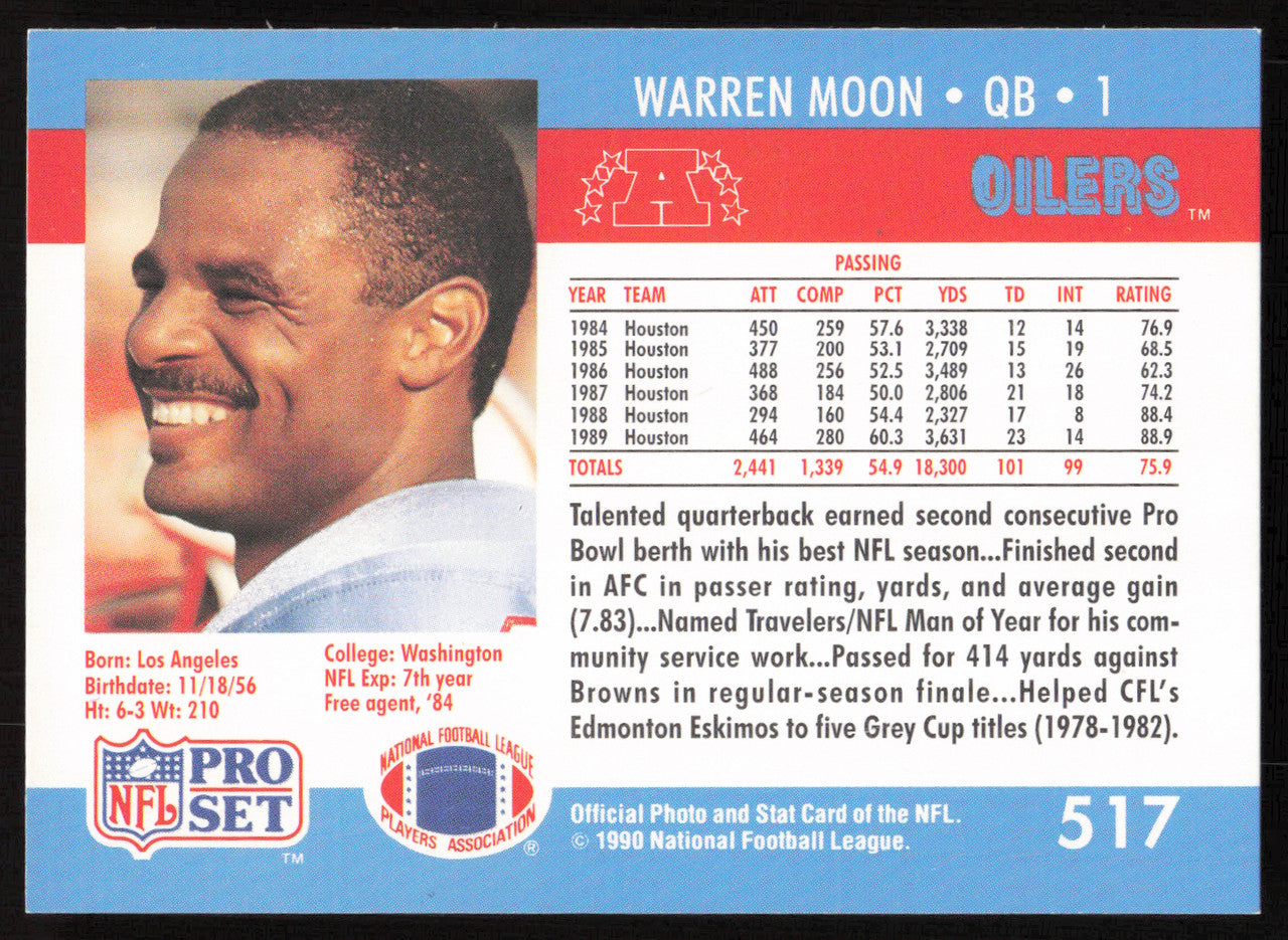 Warren Moon Autographed 1990 Pro Set Card #517 Houston Oilers SKU #265281