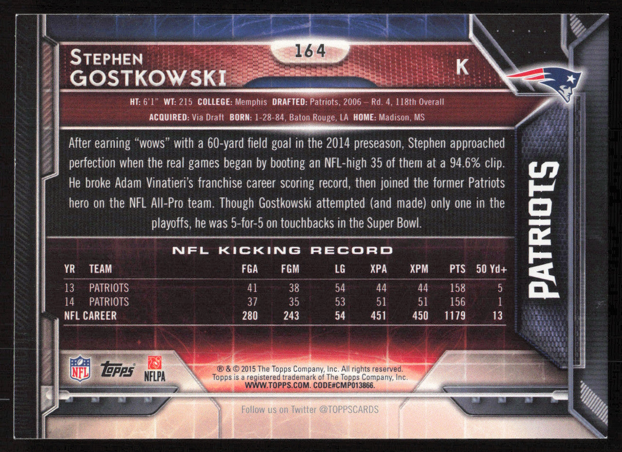 Stephen Gostkowski Autographed 2015 Topps Card #164 New England Patriots SKU #265286