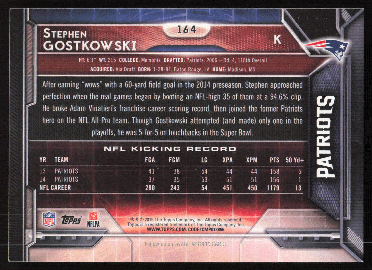Stephen Gostkowski Autographed 2015 Topps Card #164 New England Patriots SKU #265287