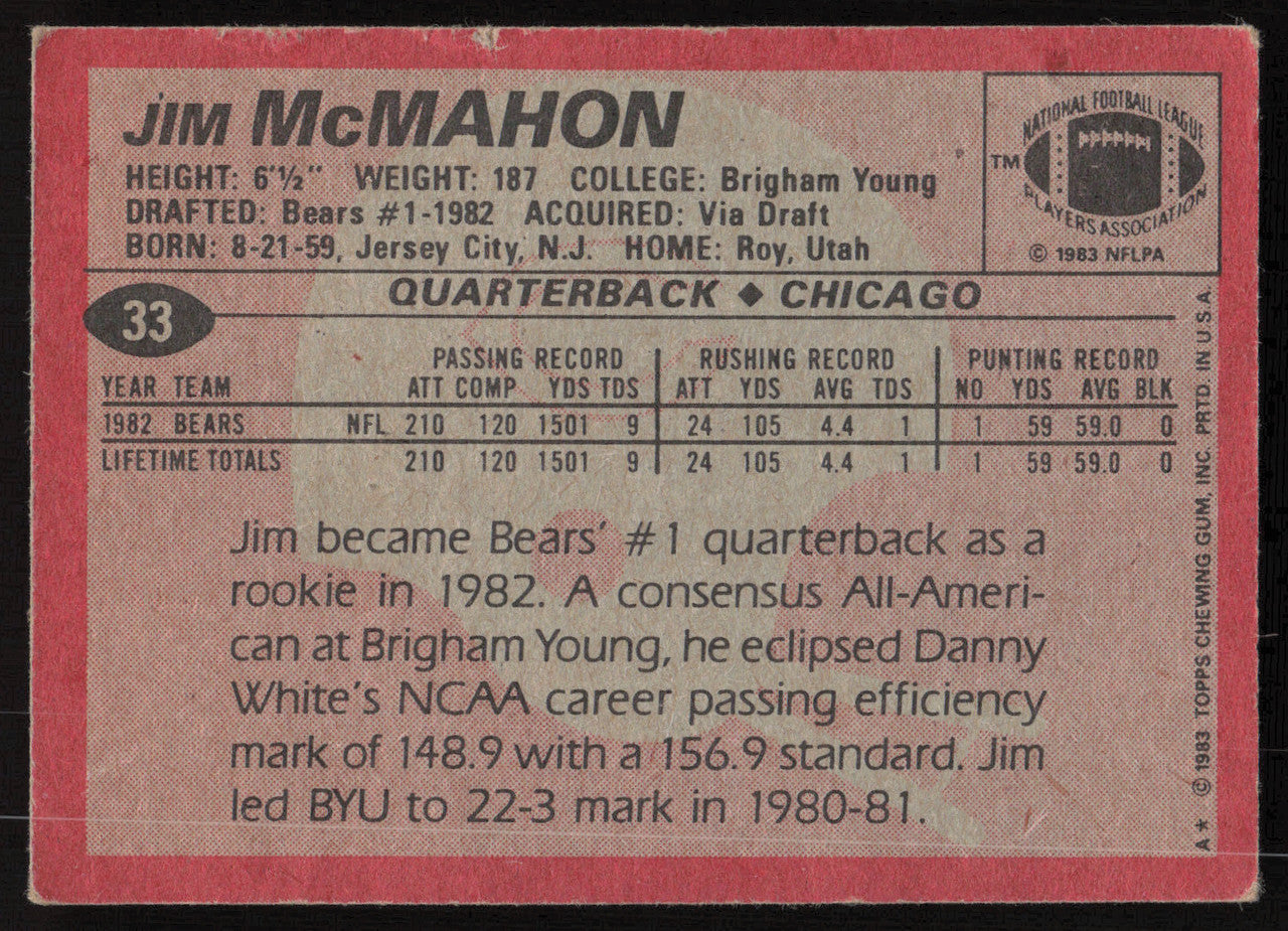 Jim McMahon Autographed 1983 Topps Rookie Card #33 Chicago Bears (Damaged) SKU #265293