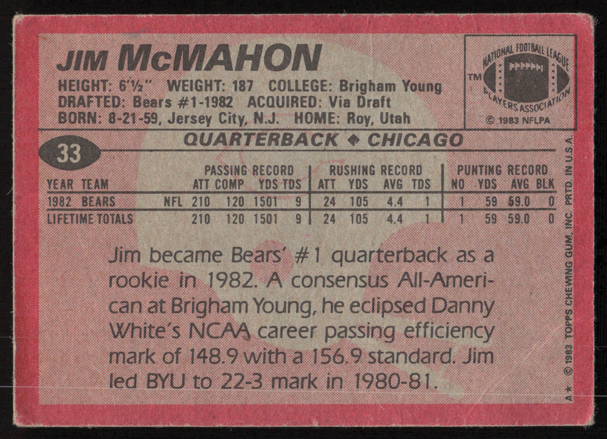 Jim McMahon Autographed 1983 Topps Rookie Card #33 Chicago Bears (Damaged) SKU #265294