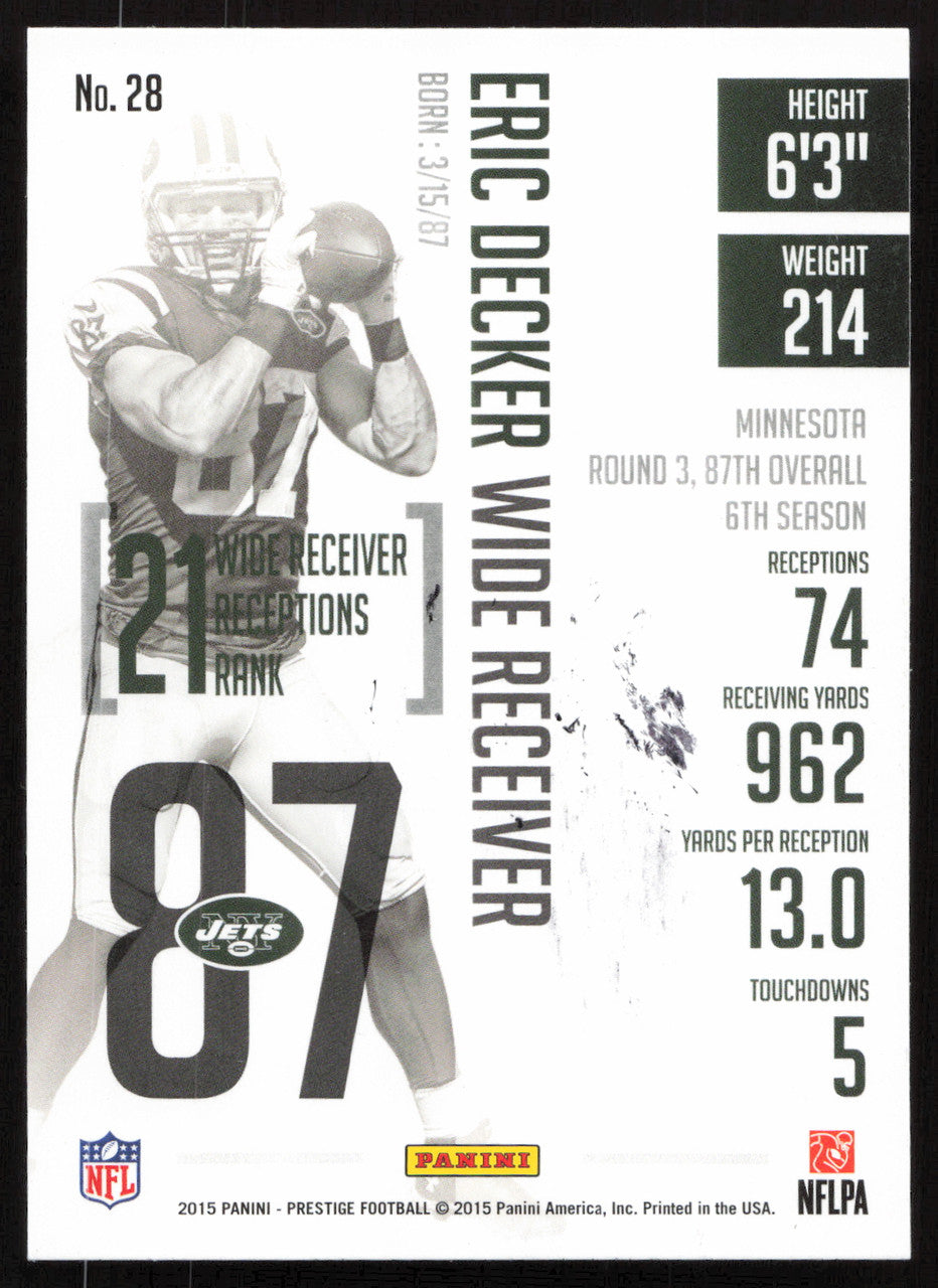 Erik Decker Autographed 2015 Panini Prestige Card #28 New York Jets SKU #265302