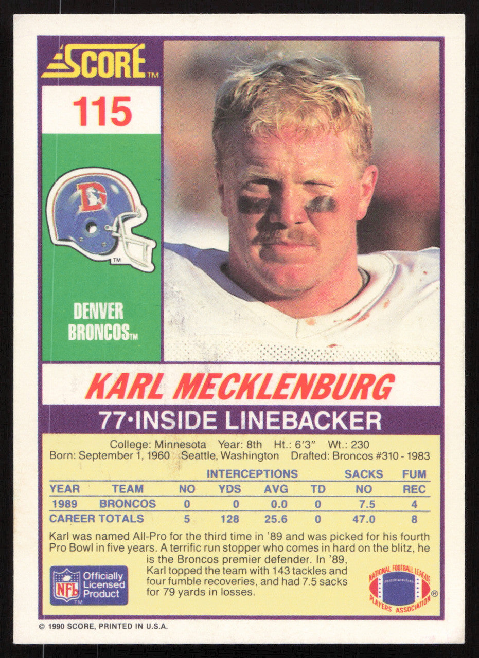 Karl Mecklenburg Autographed 1990 Score Card #115 Denver Broncos SKU #265308