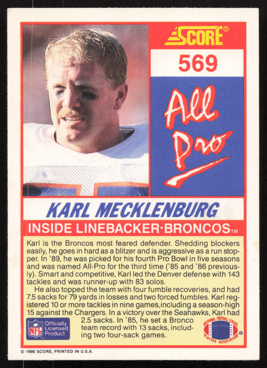 Karl Mecklenburg Autographed 1990 Score Card #569 Denver Broncos SKU #265311