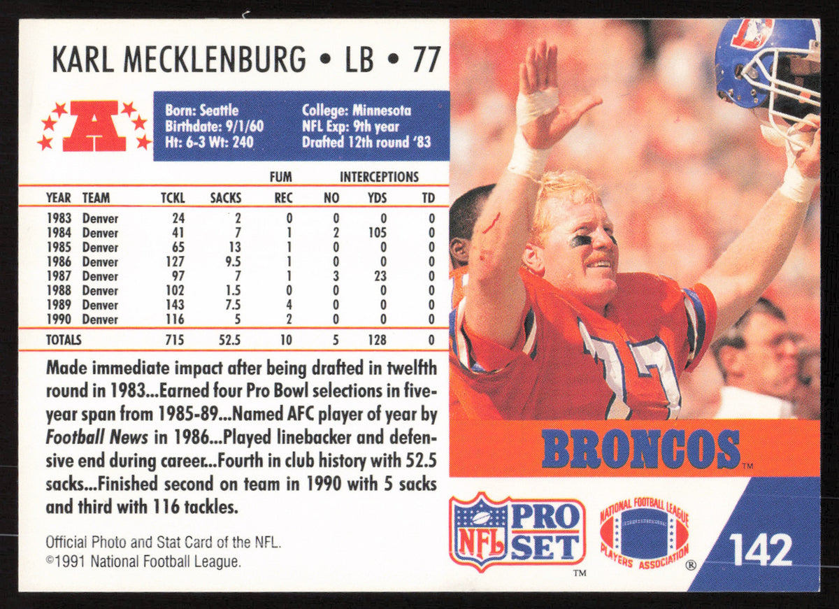 Karl Mecklenburg Autographed 1991 Score Card #142 Denver Broncos SKU #265312