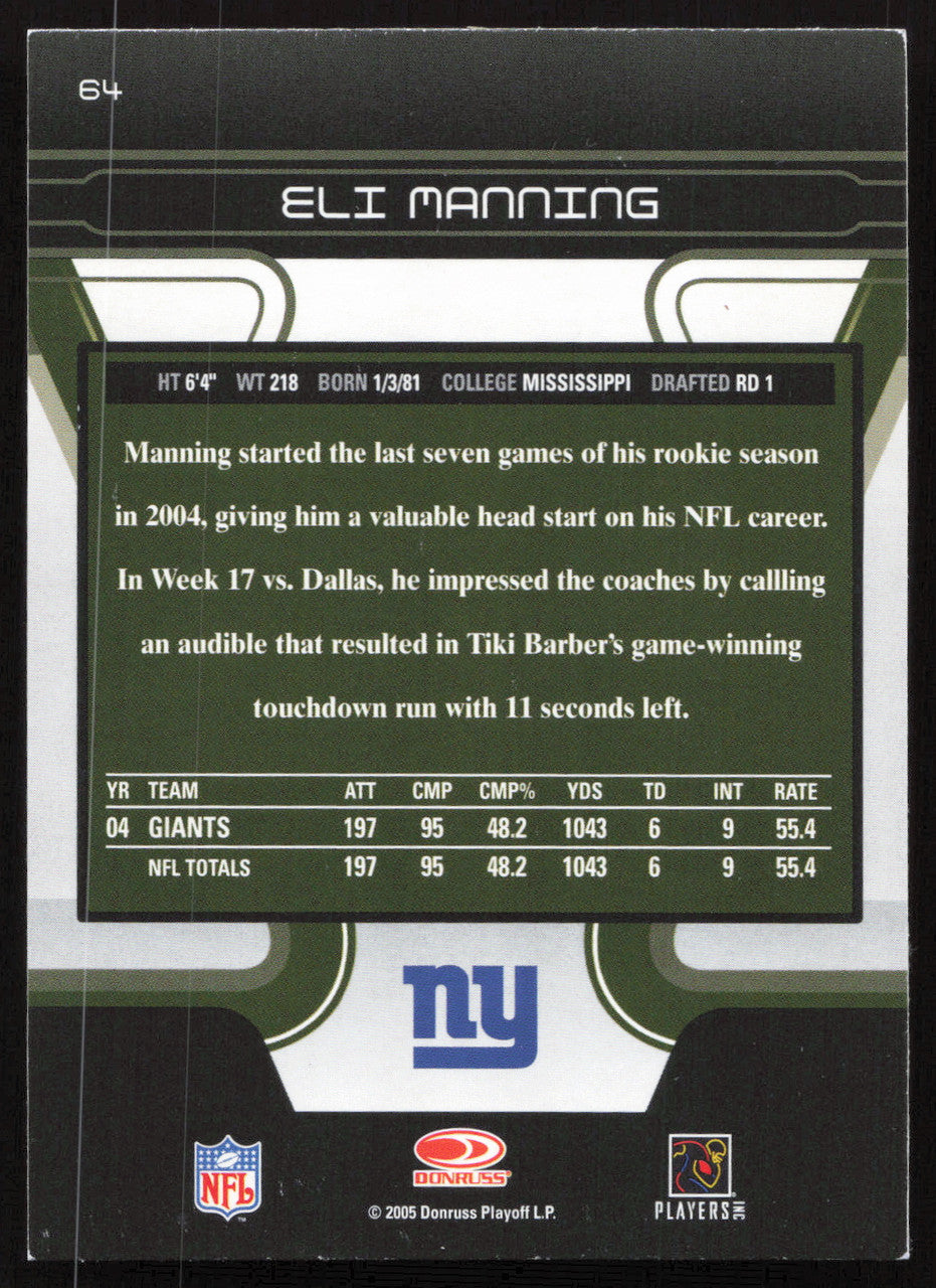 Eli Manning Autographed 2005 Donruss Zenith Card #64 New York Giants SKU #265313
