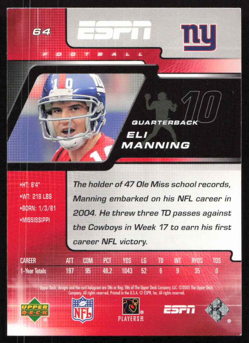 Eli Manning Autographed 2005 Upper Deck Card #64 New York Giants SKU #265316