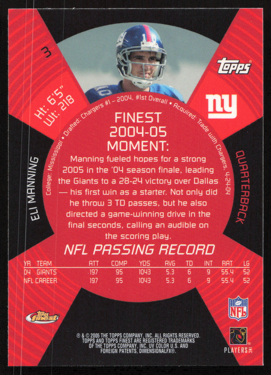 Eli Manning Autographed 2005 Topps Finest Card #3 New York Giants SKU #265317