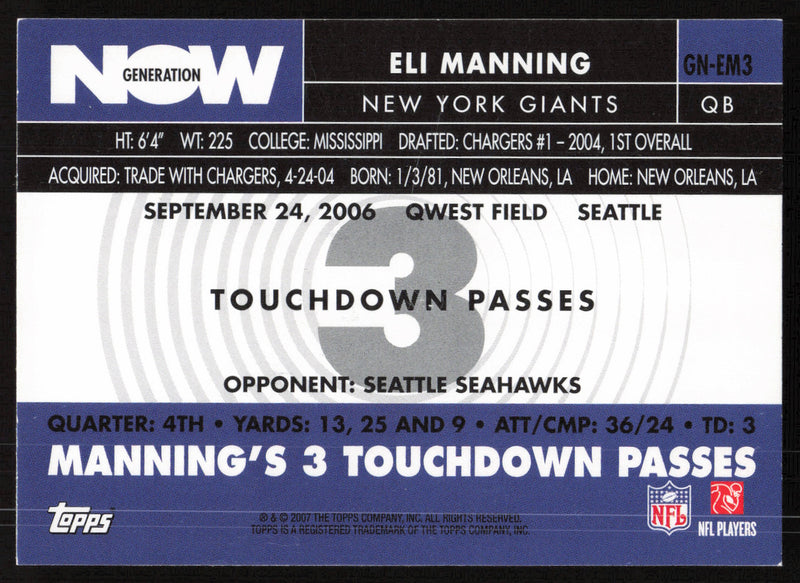 Eli Manning Autographed 2007 Topps Card #GN-EM3 New York Giants SKU #265320