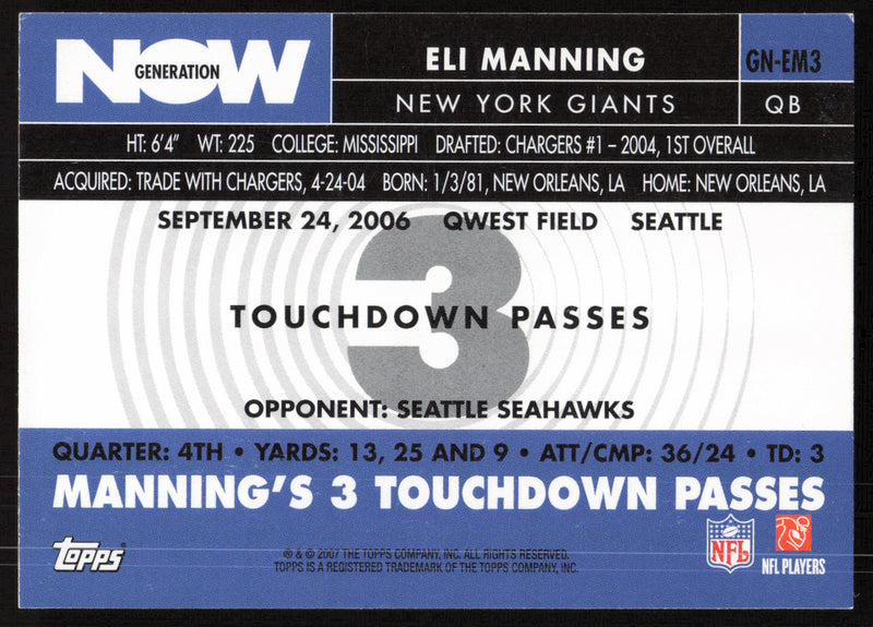 Eli Manning Autographed 2007 Topps Card #GN-EM3 New York Giants SKU #265321