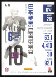 Eli Manning Autographed 2015 Panini Prestige Card #39 New York Giants SKU #265327