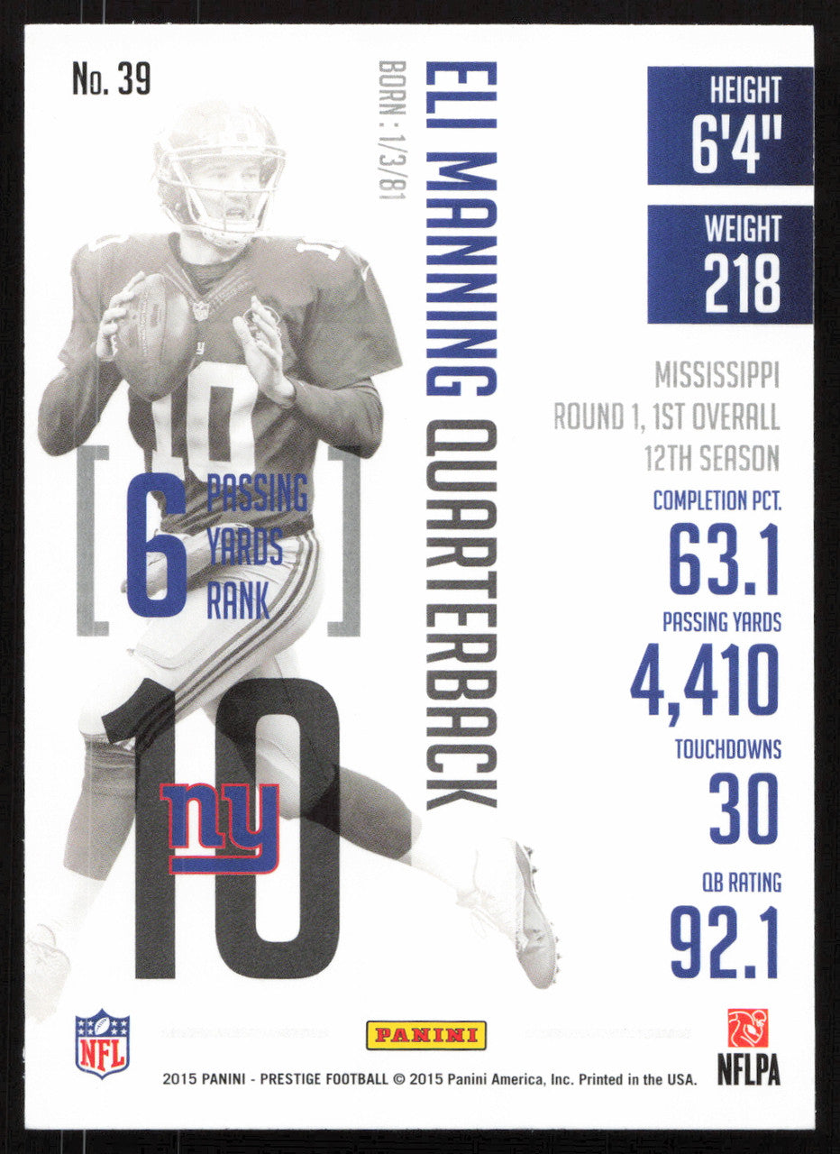 Eli Manning Autographed 2015 Panini Prestige Card #39 New York Giants SKU #265328
