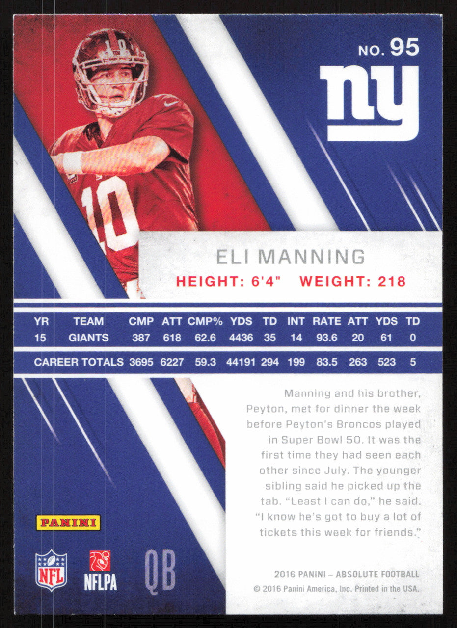 Eli Manning Autographed 2016 Panini Absolute Card #95 New York Giants SKU #265330