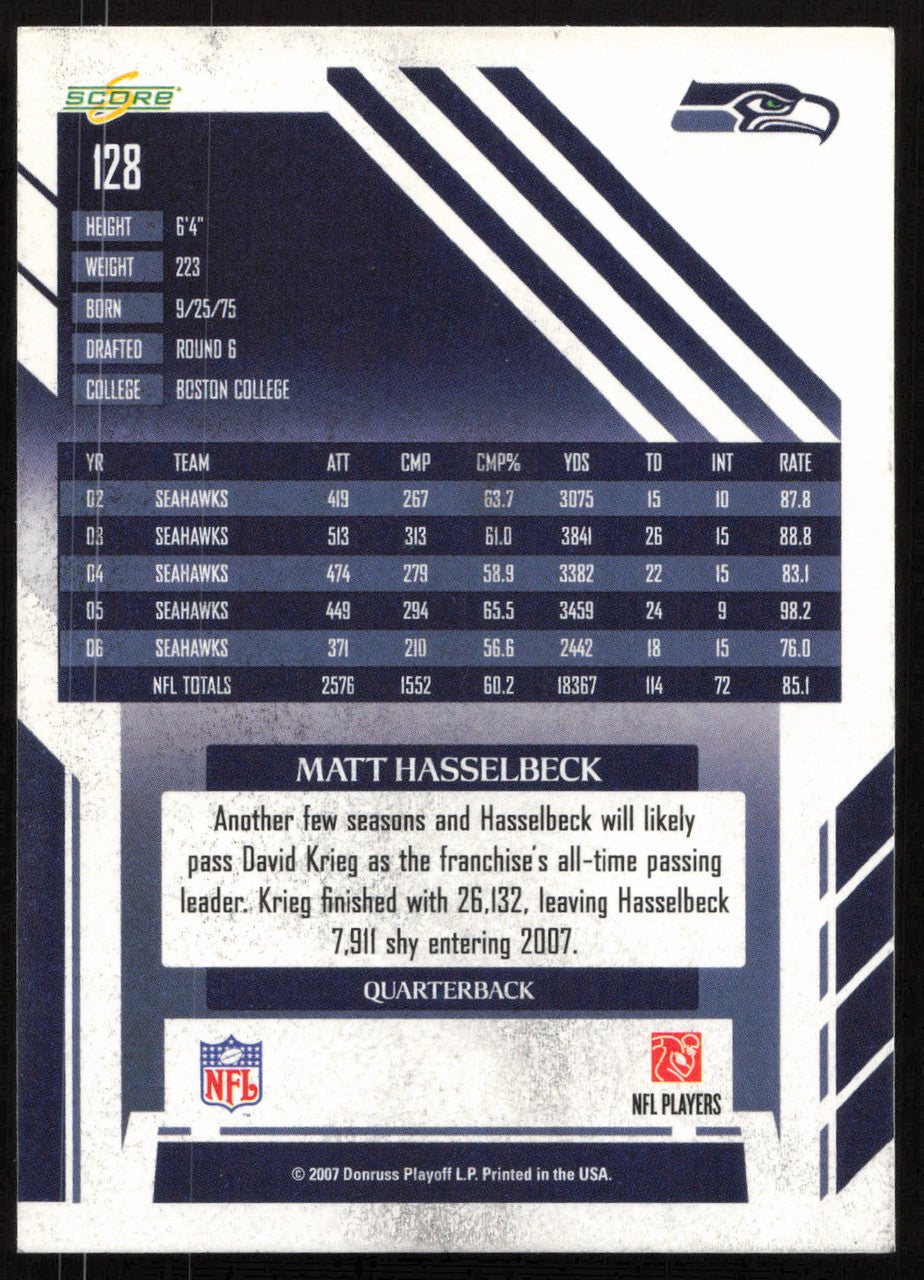 Matt Hasselbeck Autographed 2007 Score Card #128 Seattle Seahawks SKU #265337