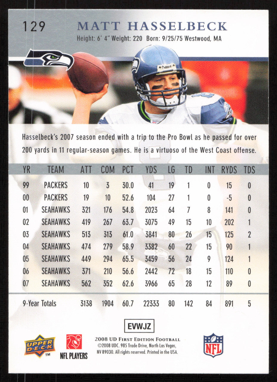 Matt Hasselbeck Autographed 2008 UD First Edition Card #129 Seattle Seahawks SKU #265339