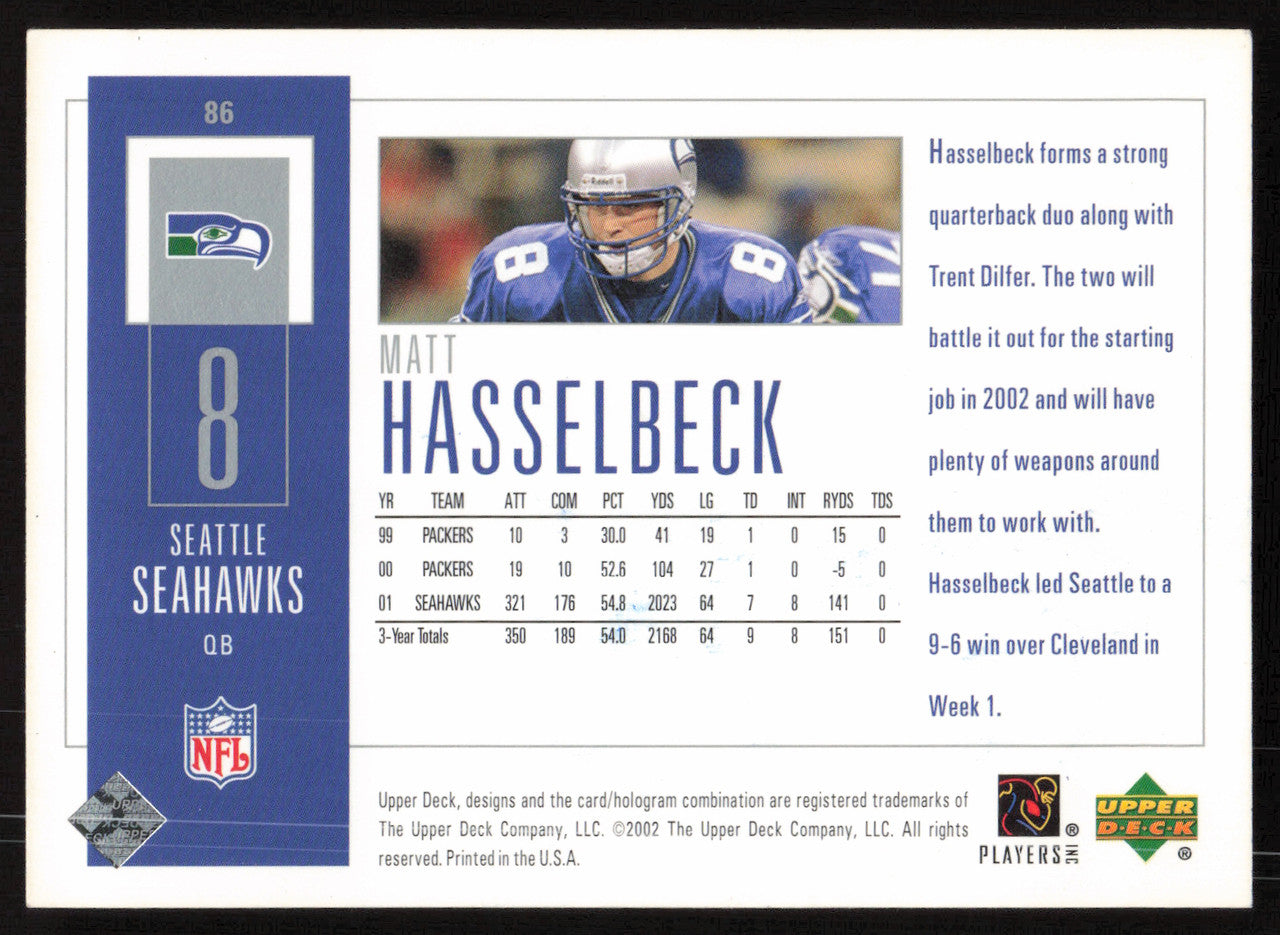 Matt Hasselbeck Autographed 2002 Upper Deck Card #86 Seattle Seahawks SKU #265341