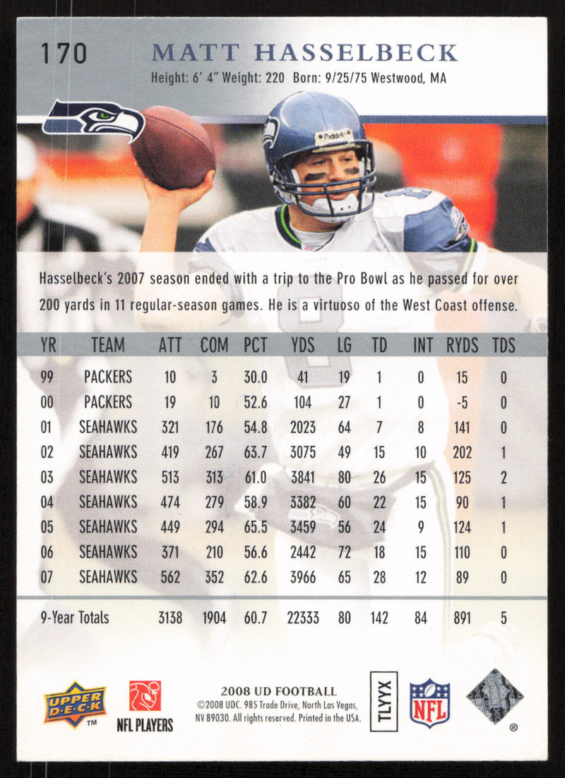 Matt Hasselbeck Autographed 2008 Upper Deck Card #170 Seattle Seahawks SKU #265343