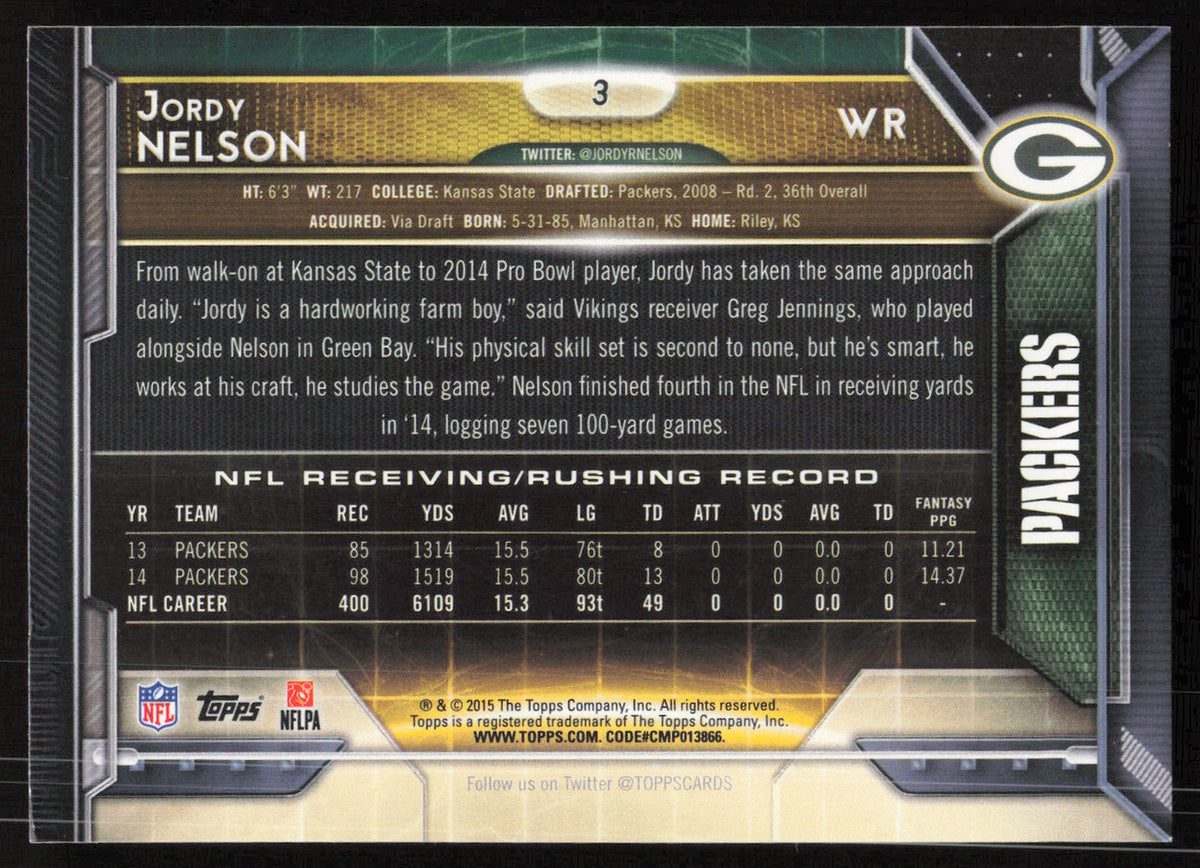 Jordy Nelson Autographed 2015 Topps Card #3 Green Bay Packers SKU #265358