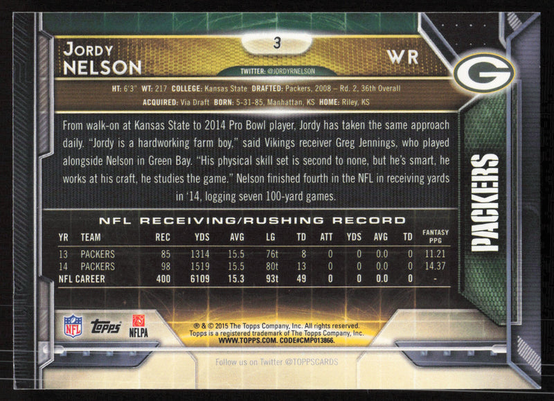 Jordy Nelson Autographed 2015 Topps Card #3 Green Bay Packers SKU #265358