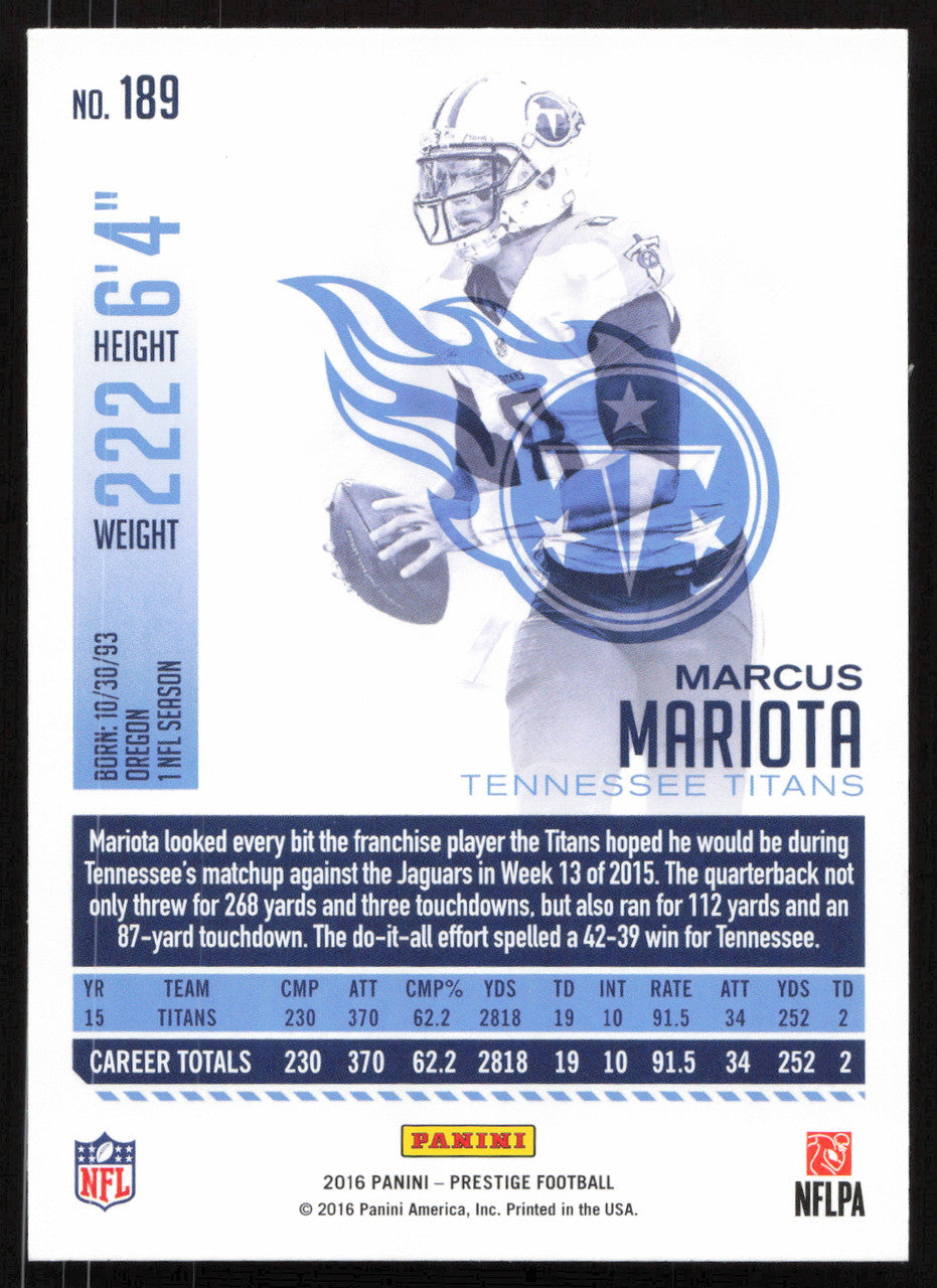 Marcus Mariota Autographed 2016 Panini Prestige Card #189 Tennessee Titans SKU #265364