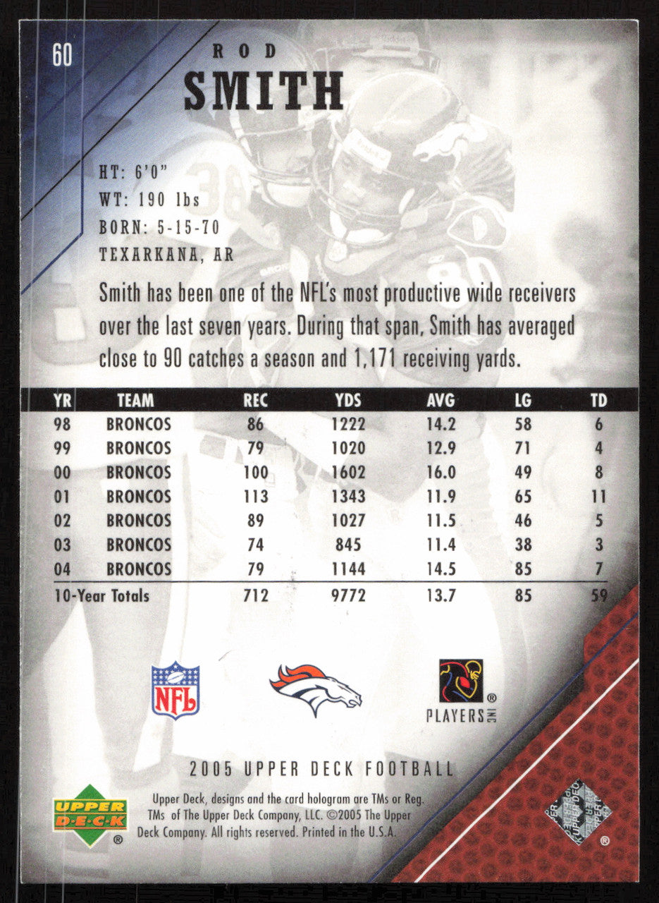 Rod Smith Autographed 2005 Upper Deck Card #60 Denver Broncos SKU #265370