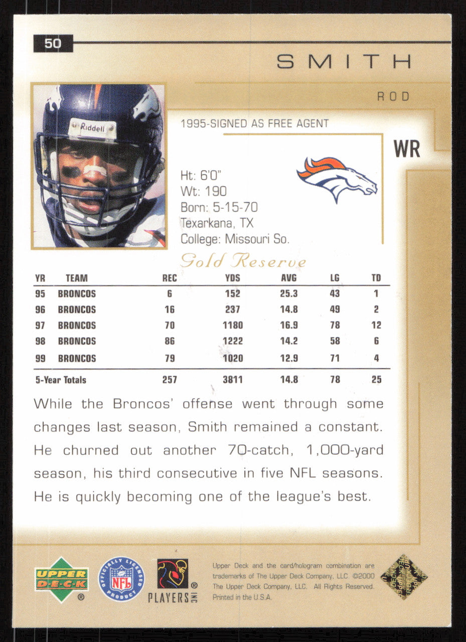 Rod Smith Autographed 2000 UD Gold Reserve Card #50 Denver Broncos SKU #265371