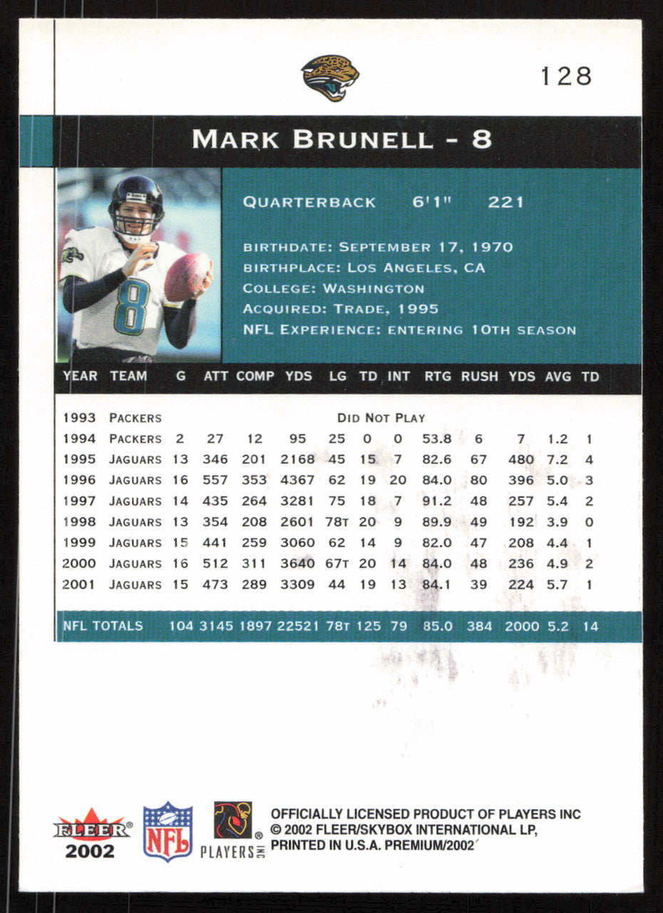 Mark Brunell Autographed 2002 Fleer Premium Card #128 Jacksonville Jaguars SKU #265385