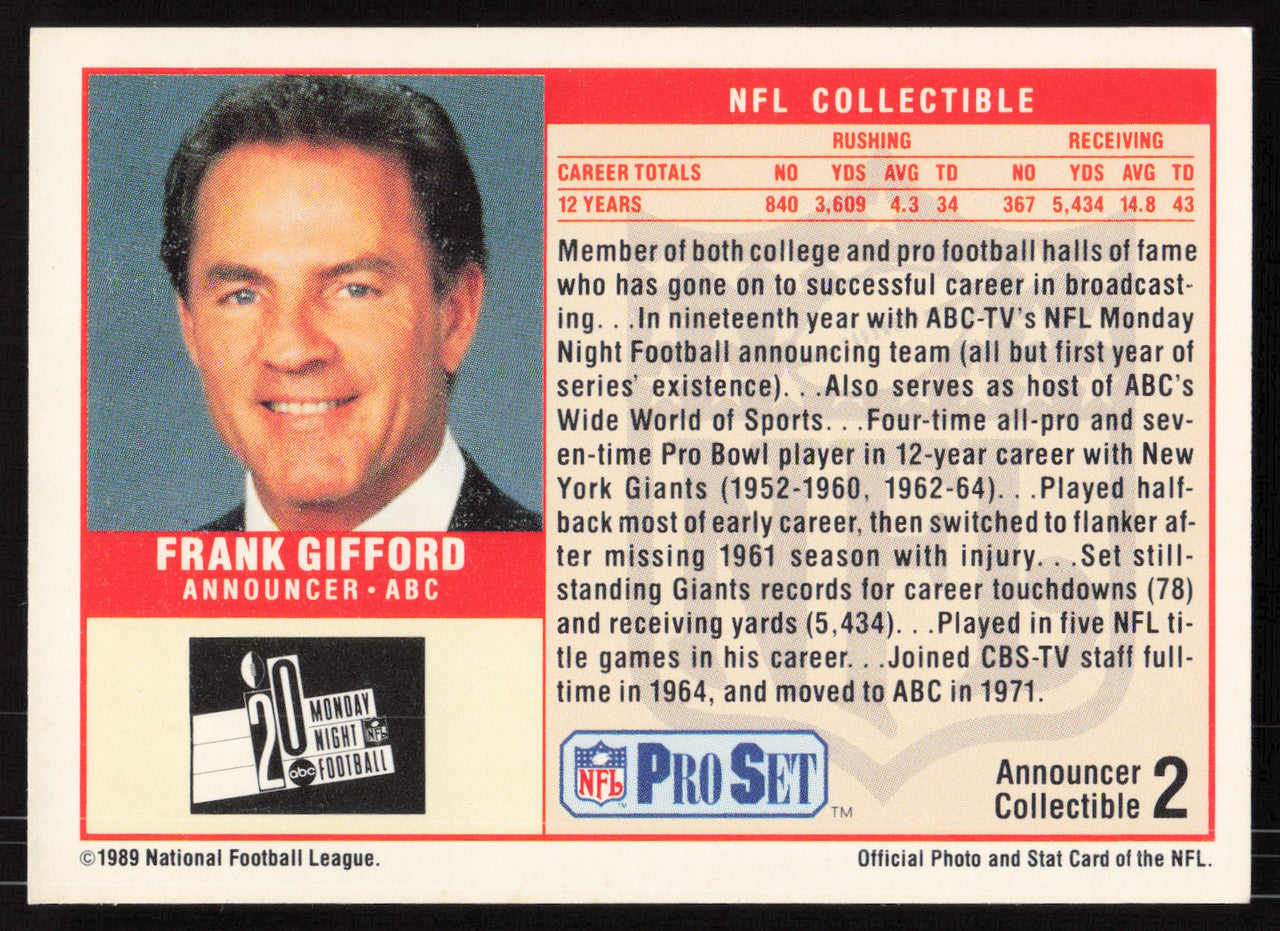 Frank Gifford Autographed 1989 Pro Set Card #2 New York Giants SKU #265387