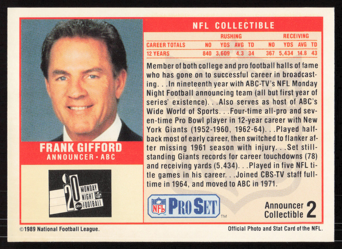 Frank Gifford Autographed 1989 Pro Set Card #2 New York Giants SKU #265388