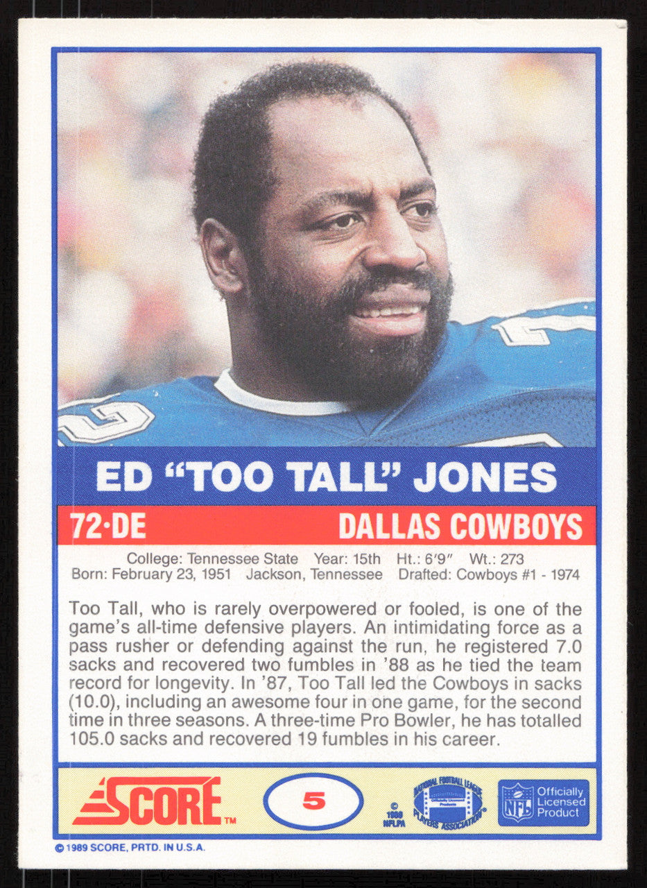Ed Too Tall Jones Autographed 1989 Score Card #5 Dallas Cowboys SKU #265389