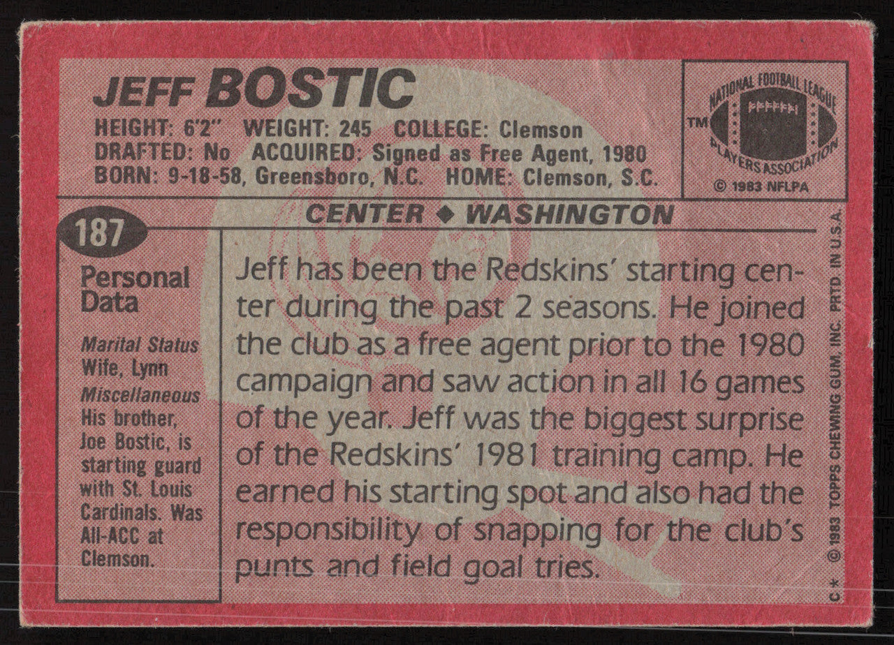 Jeff Bostic Autographed 1983 Topps Rookie Card #187 Washington Redskins SKU #265393