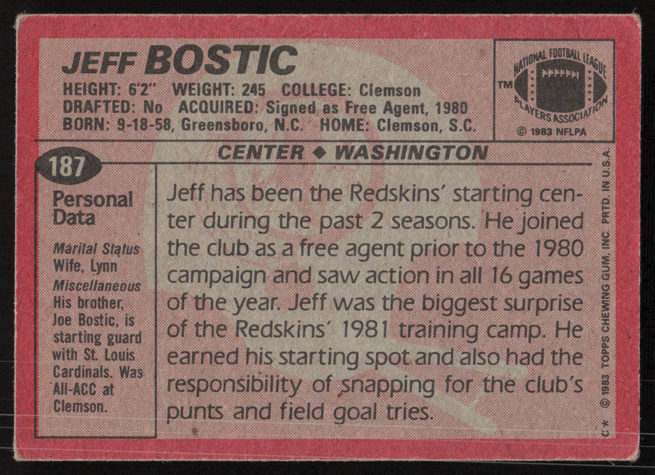 Jeff Bostic Autographed 1983 Topps Rookie Card #187 Washington Redskins SKU #265394