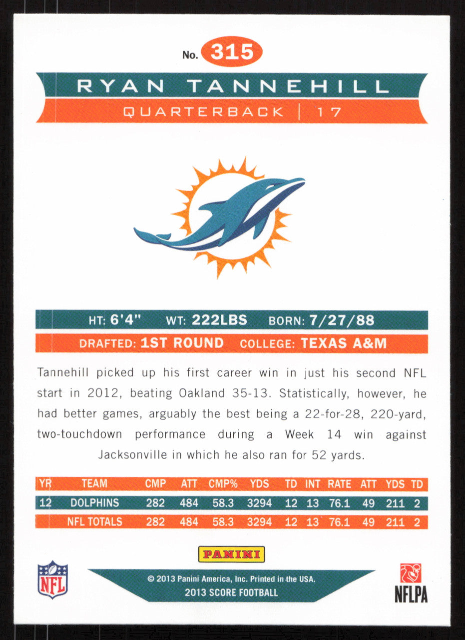 Ryan Tannehill Autographed 2013 Score Card #315 Miami Dolphins SKU #265401
