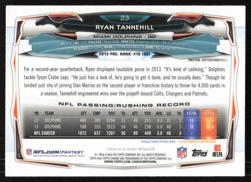 Ryan Tannehill Autographed 2014 Topps Chrome Refractor Card #23 Miami Dolphins SKU #265402